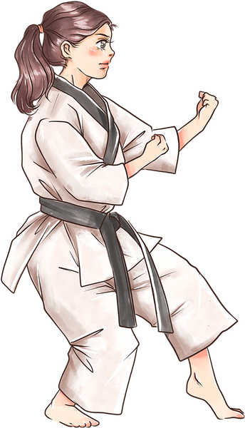 Manhwa-Inspired Taekwondo Woman Double Middle Block Stance